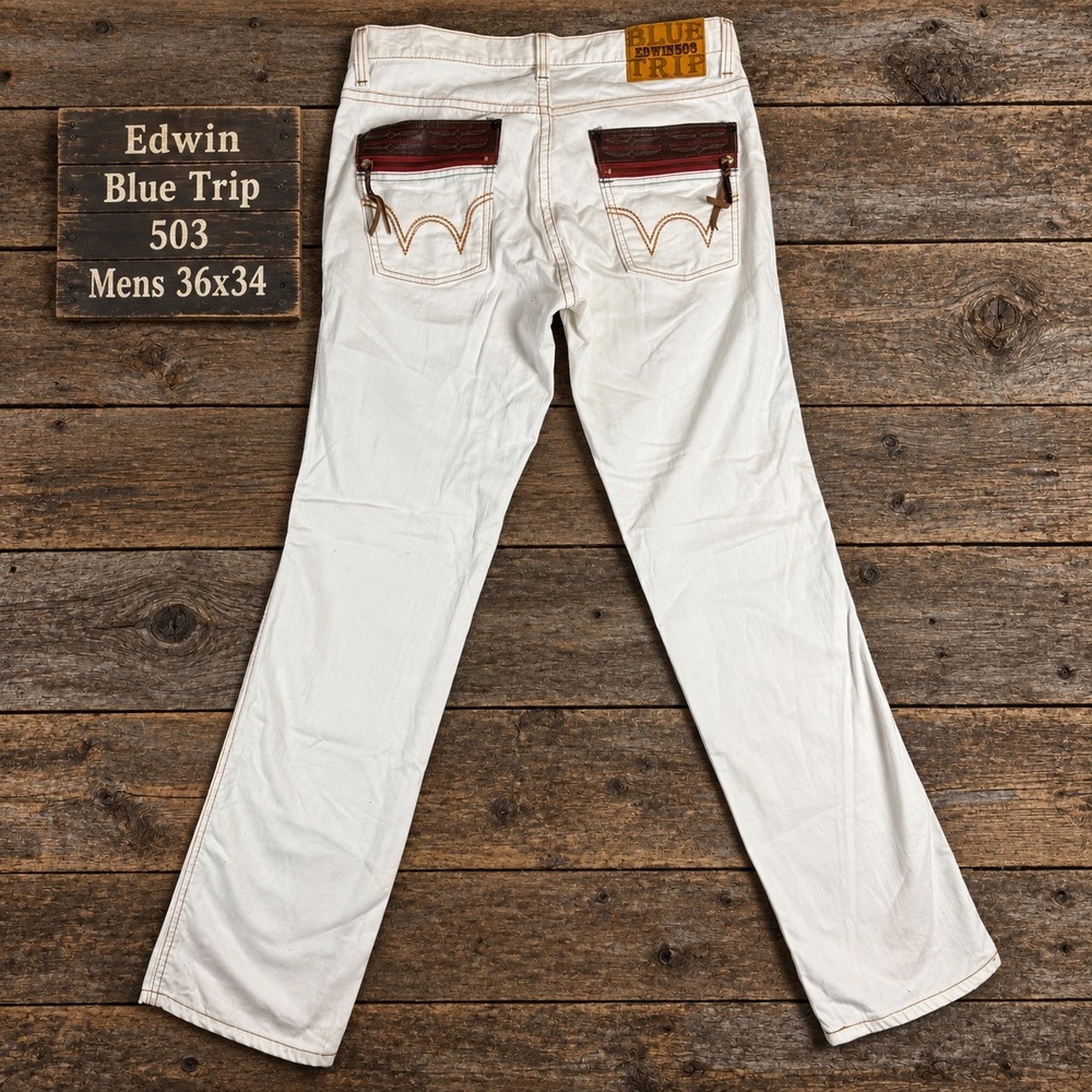 Edwin Blue Trip 503 White Jeans Mens 36x34 Straight Leg Leather Trim Made Japan